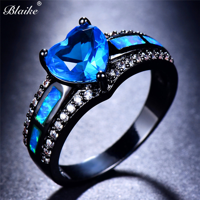 Blaike-아쿠아 블루/샴페인/그린/로즈 레드/올리브 그린/퍼플 하트 지르콘 반지, 여성용 블랙 골드 채워진 약혼 보석